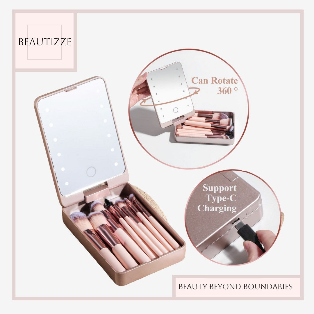 Makeup Brushes Suit Rechargeable Luminous Mirror – Best Travel-Friendly Brush Set With LED Light