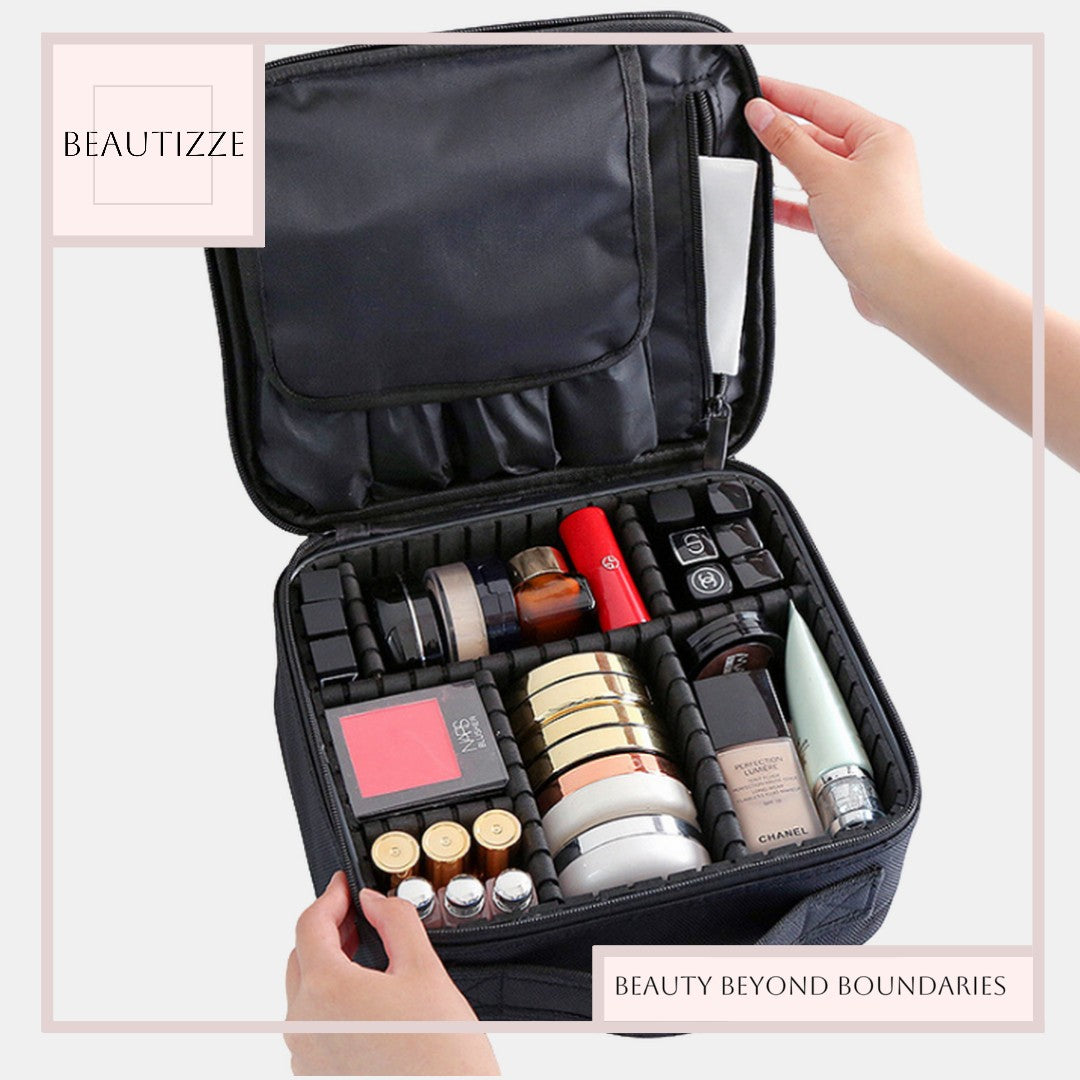 Travel Adjustable Makeup Train Case – Large Capacity Cosmetic Organizer with Adjustable Dividers