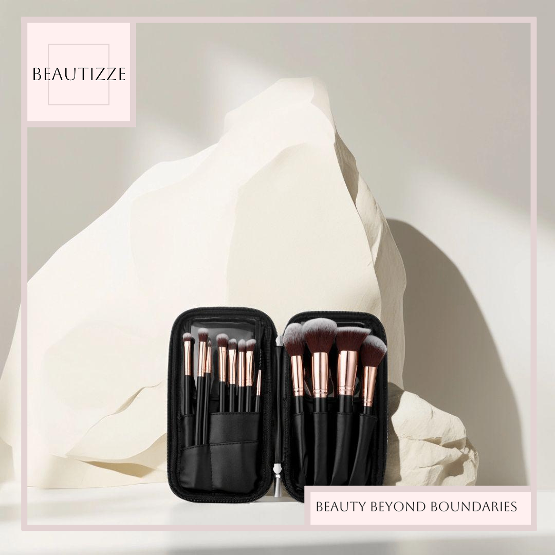 Twelve Bottles Black PU Zipper Bag Makeup Brush Set – Best Affordable Professional Tools for Your Beauty Routine